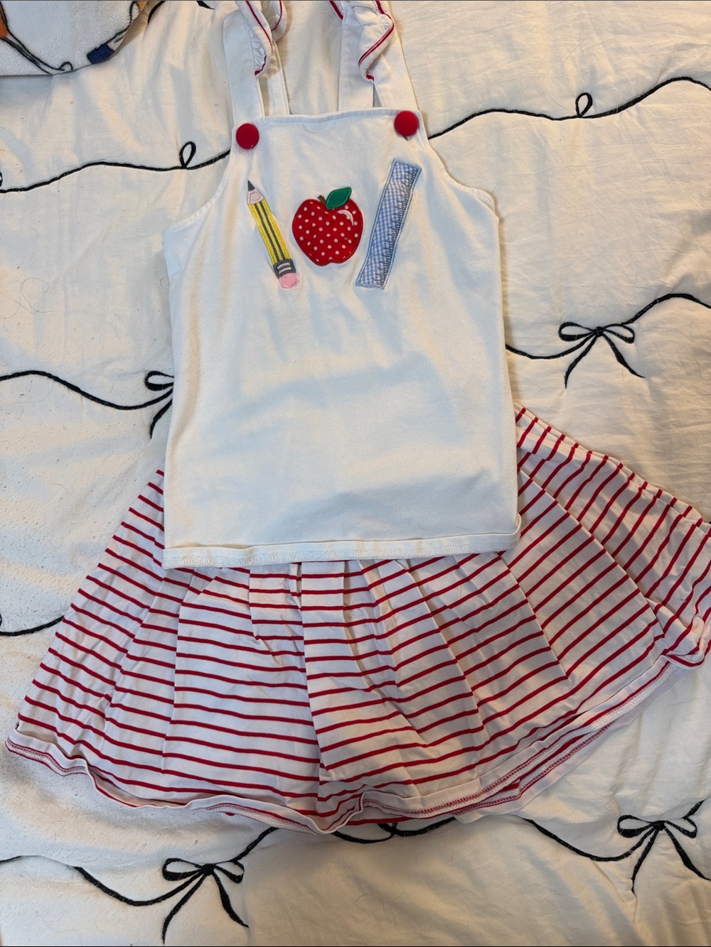 Kids Matching Set - White Top with Red Stripe Skirt